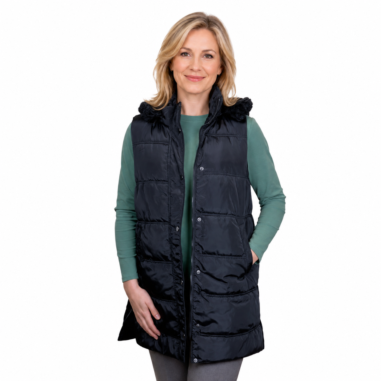 Emily Hooded Quilted Longline Vest - BLACK