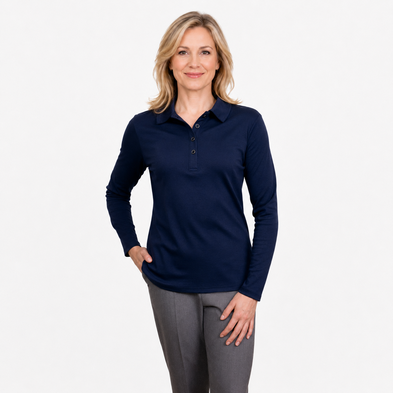 Kimmy Long Sleeve Polo Top - NAVY