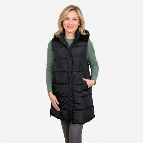 Emily Hooded Quilted Longline Vest - BLACK