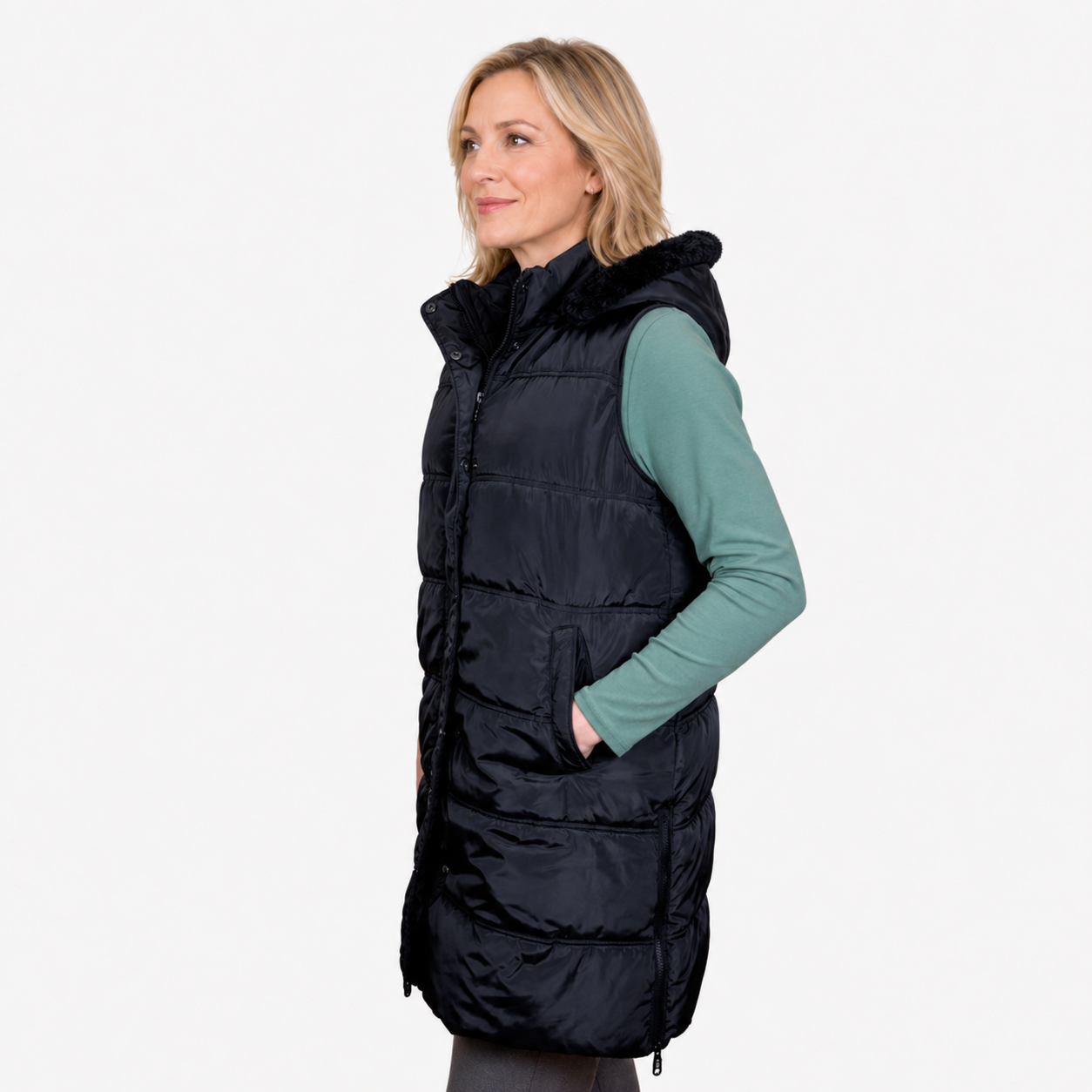 Emily Hooded Quilted Longline Vest - BLACK