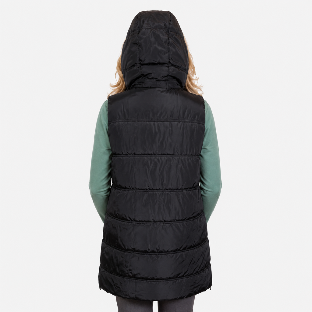 Emily Hooded Quilted Longline Vest - BLACK