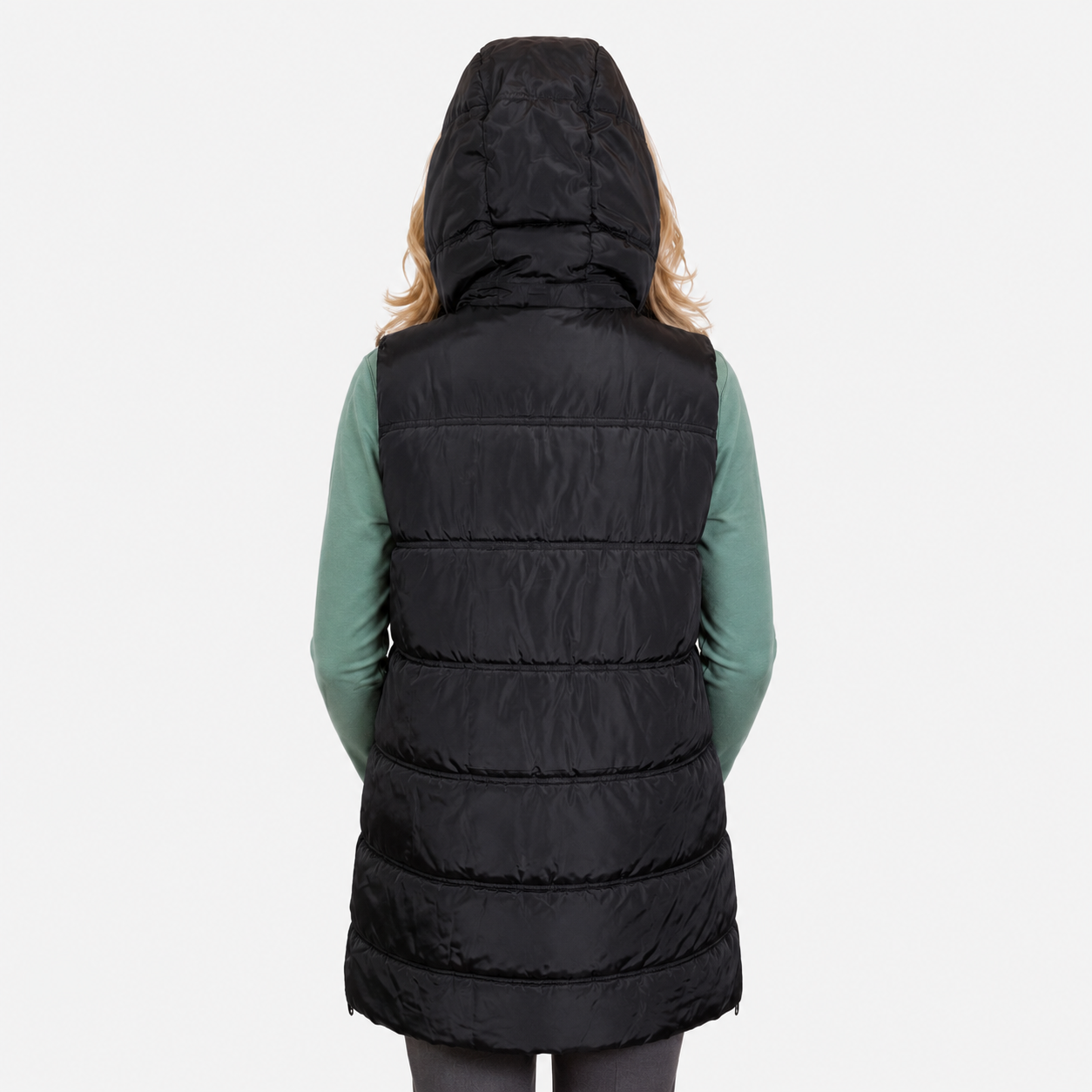 Emily Hooded Quilted Longline Vest - BLACK