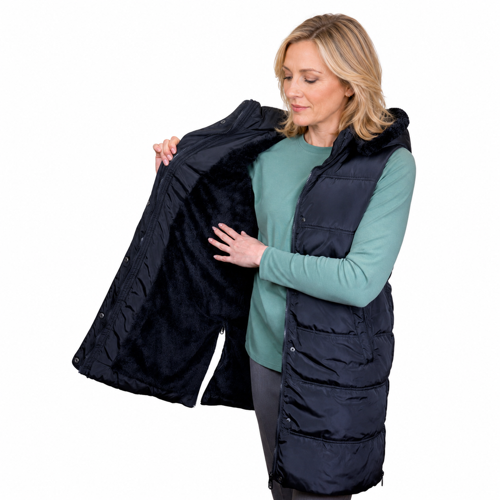 Emily Hooded Quilted Longline Vest - BLACK