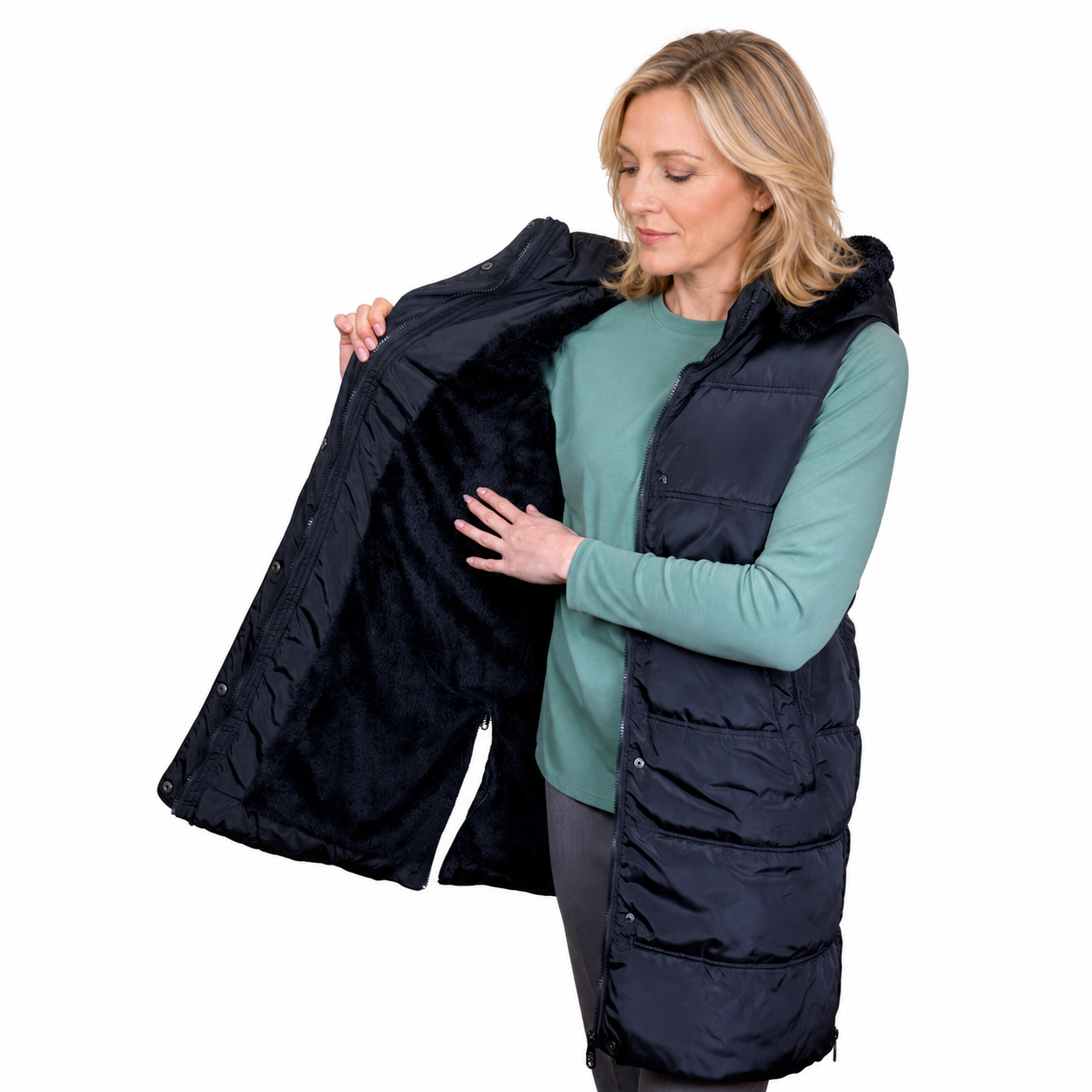 Emily Hooded Quilted Longline Vest - BLACK